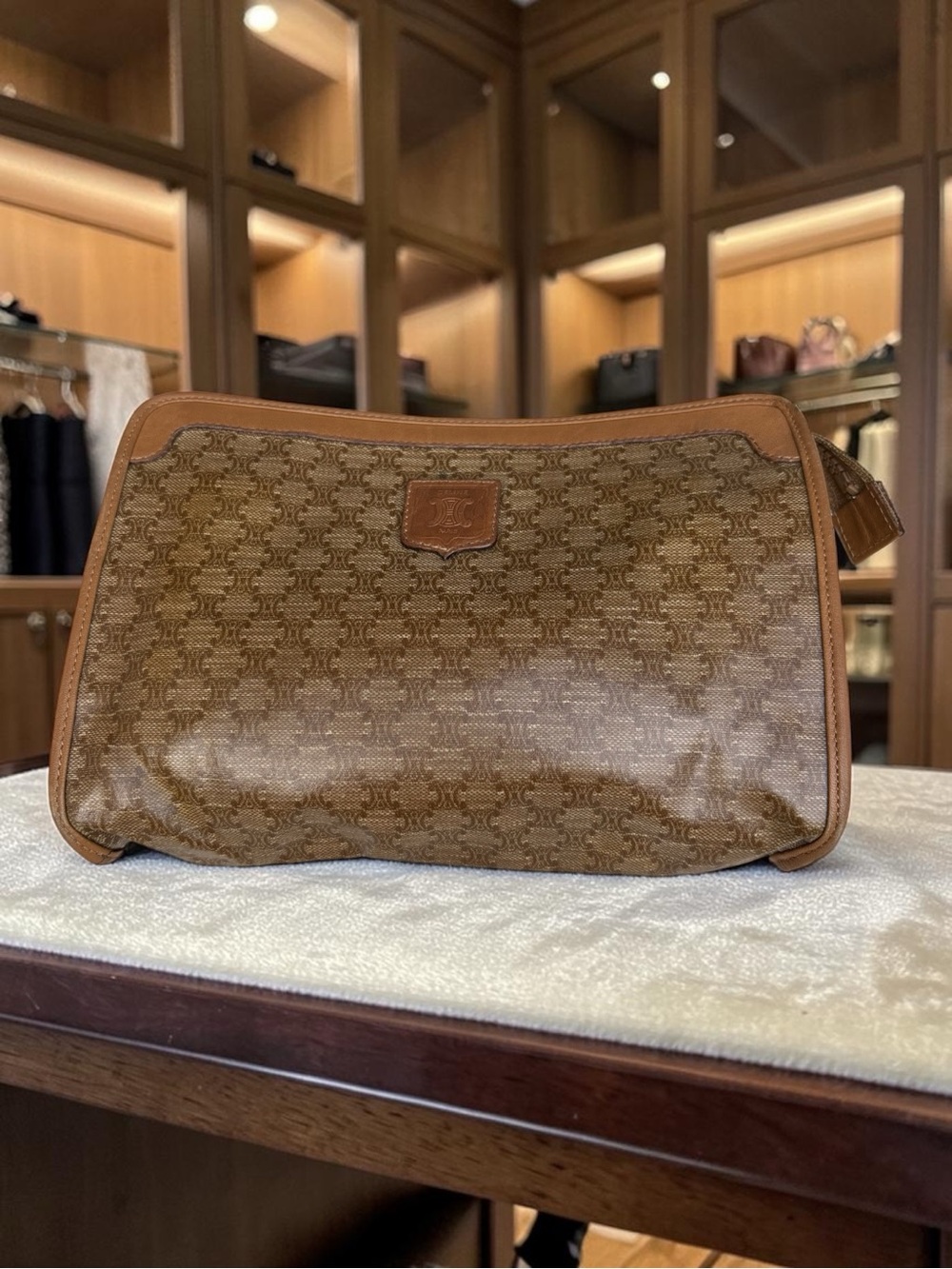 Celine Macadam Canvas Leather Trim Logo Detail Clutch Cosmetic Toiletry Bag